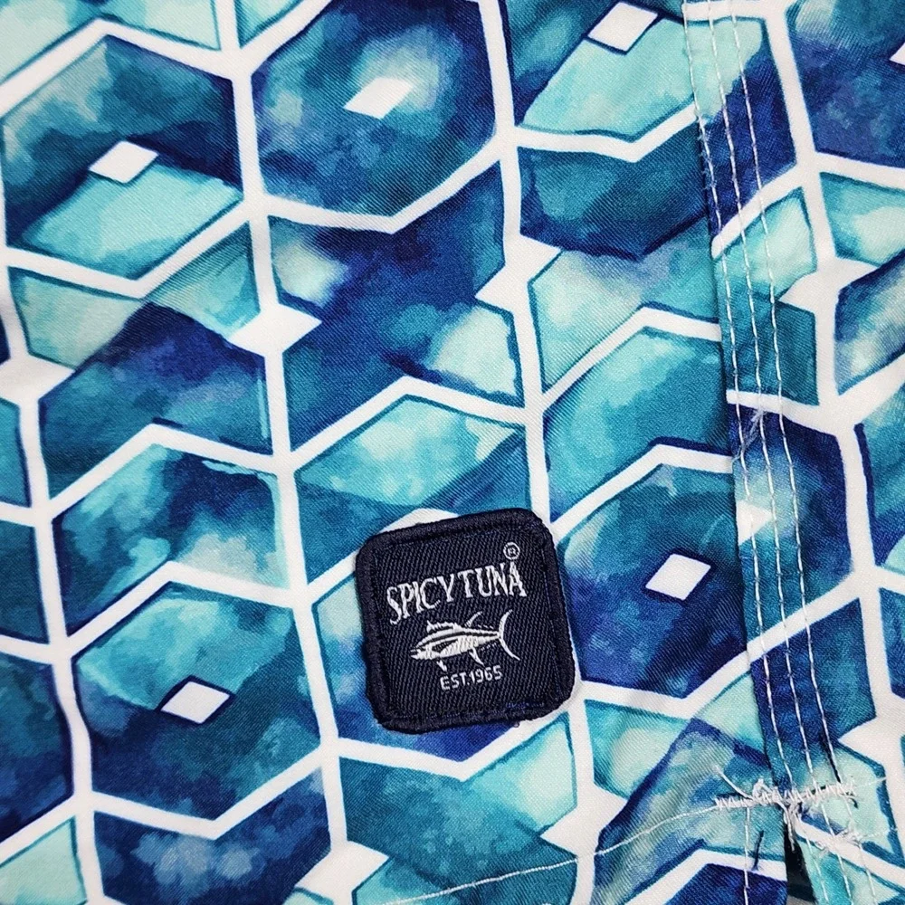 Spicy Tuna Mens Blue Geometric Honeycomb Swim Trunks Board Shorts Size Large